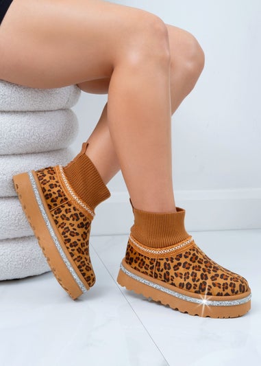 Love Lemonade Leopard Sparkly Stretch Sock Warmer Mini Snugg Slipper Boots