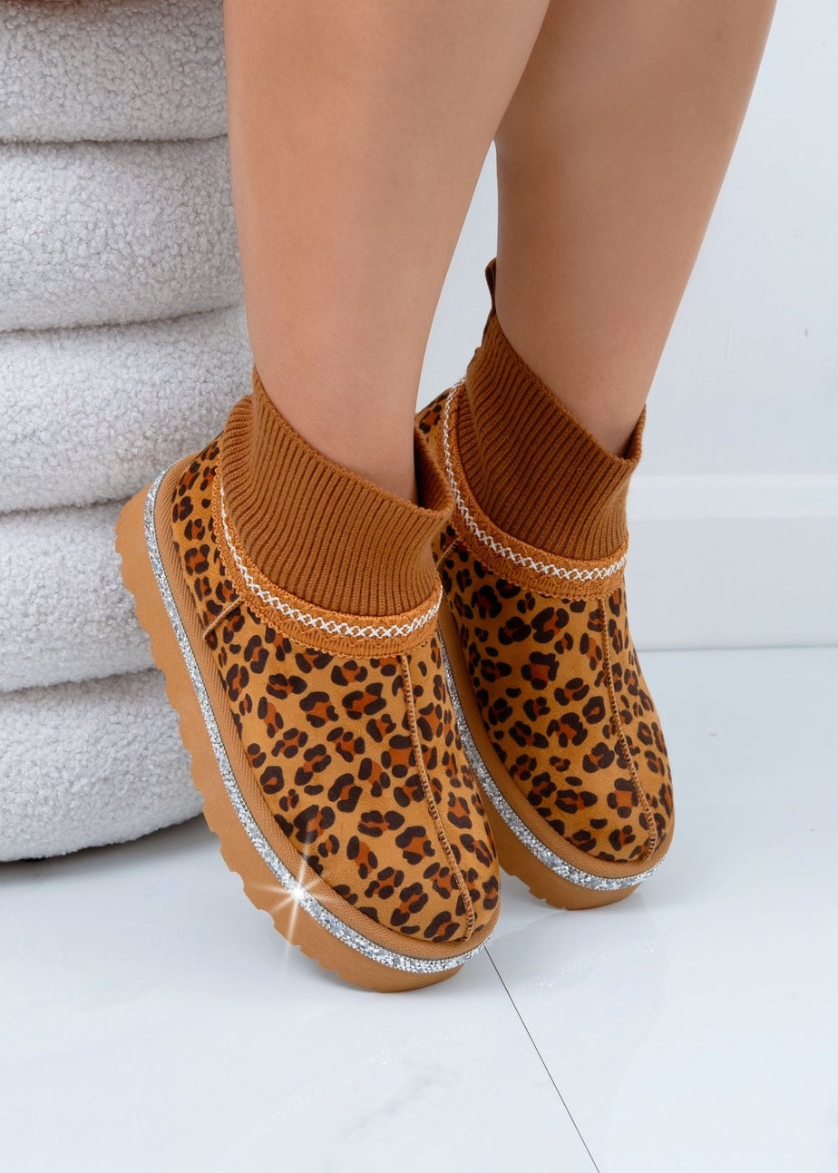 Love Lemonade Leopard Sparkly Stretch Sock Warmer Mini Snugg Slipper Boots