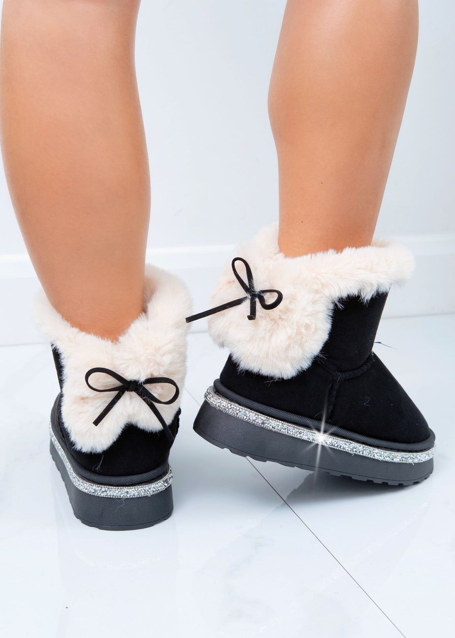 Love Lemonade Black Crystal Faux Fur Bow Ankle Boots