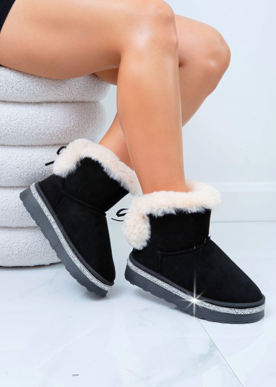 Love Lemonade Black Crystal Faux Fur Bow Ankle Boots