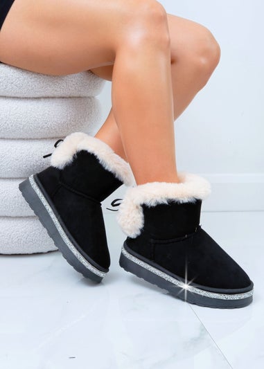 Love Lemonade Black Crystal Faux Fur Bow Ankle Boots