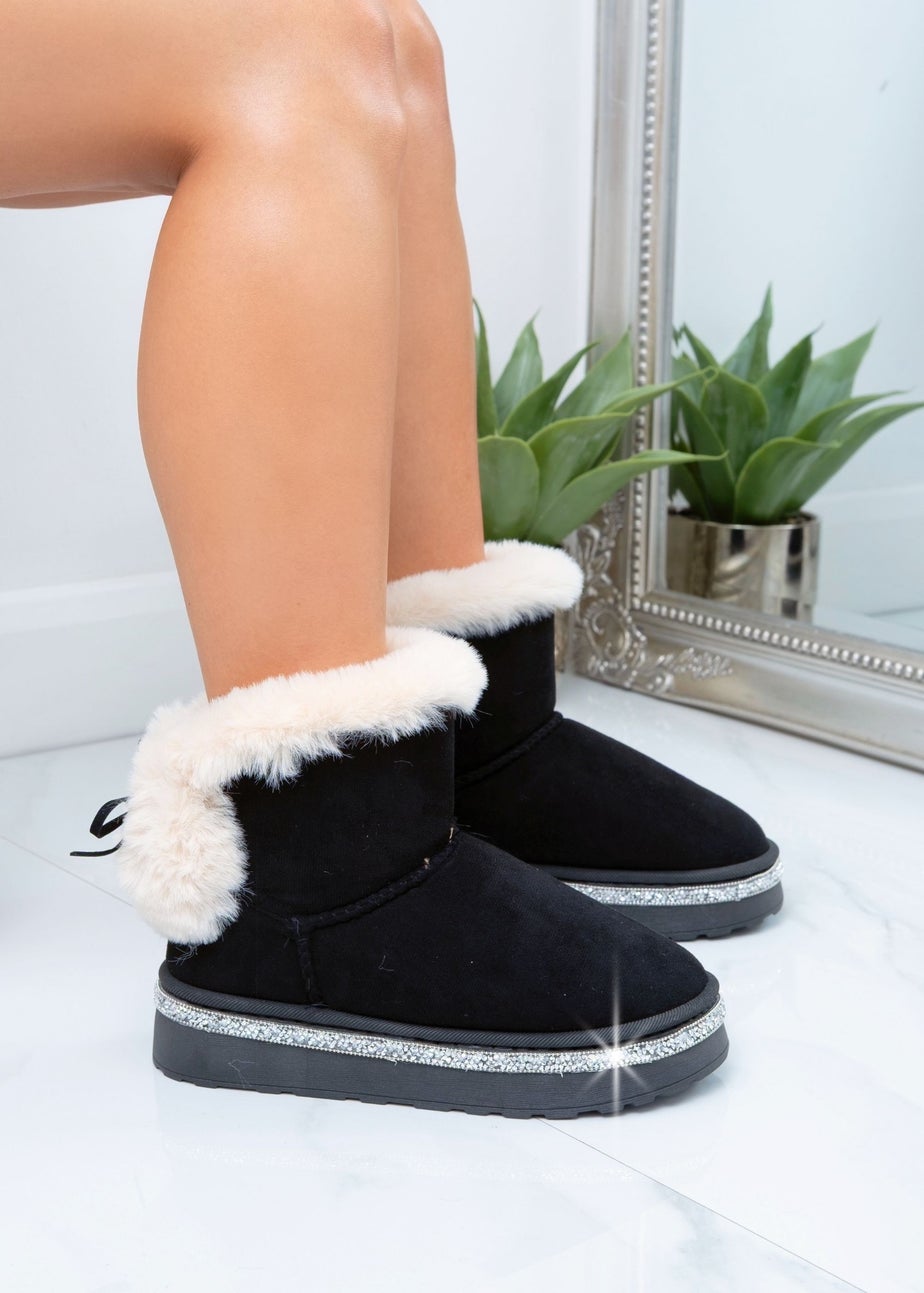 Love Lemonade Black Crystal Faux Fur Bow Ankle Boots