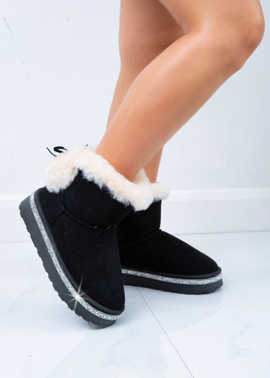 Love Lemonade Black Crystal Faux Fur Bow Ankle Boots