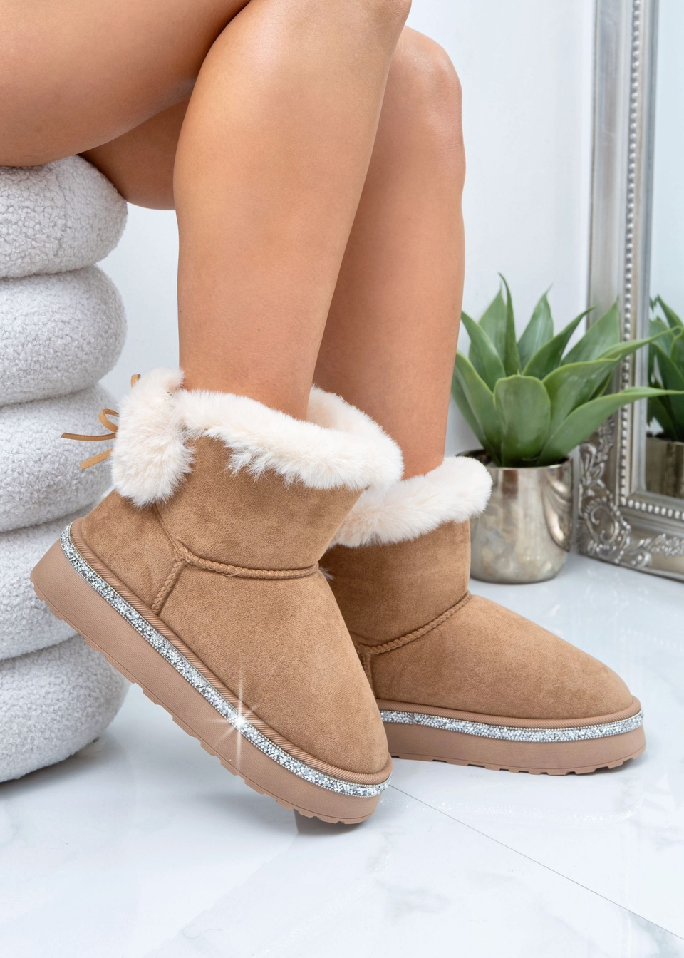 Love Lemonade Brown Crystal Faux Fur Bow Ankle Boots