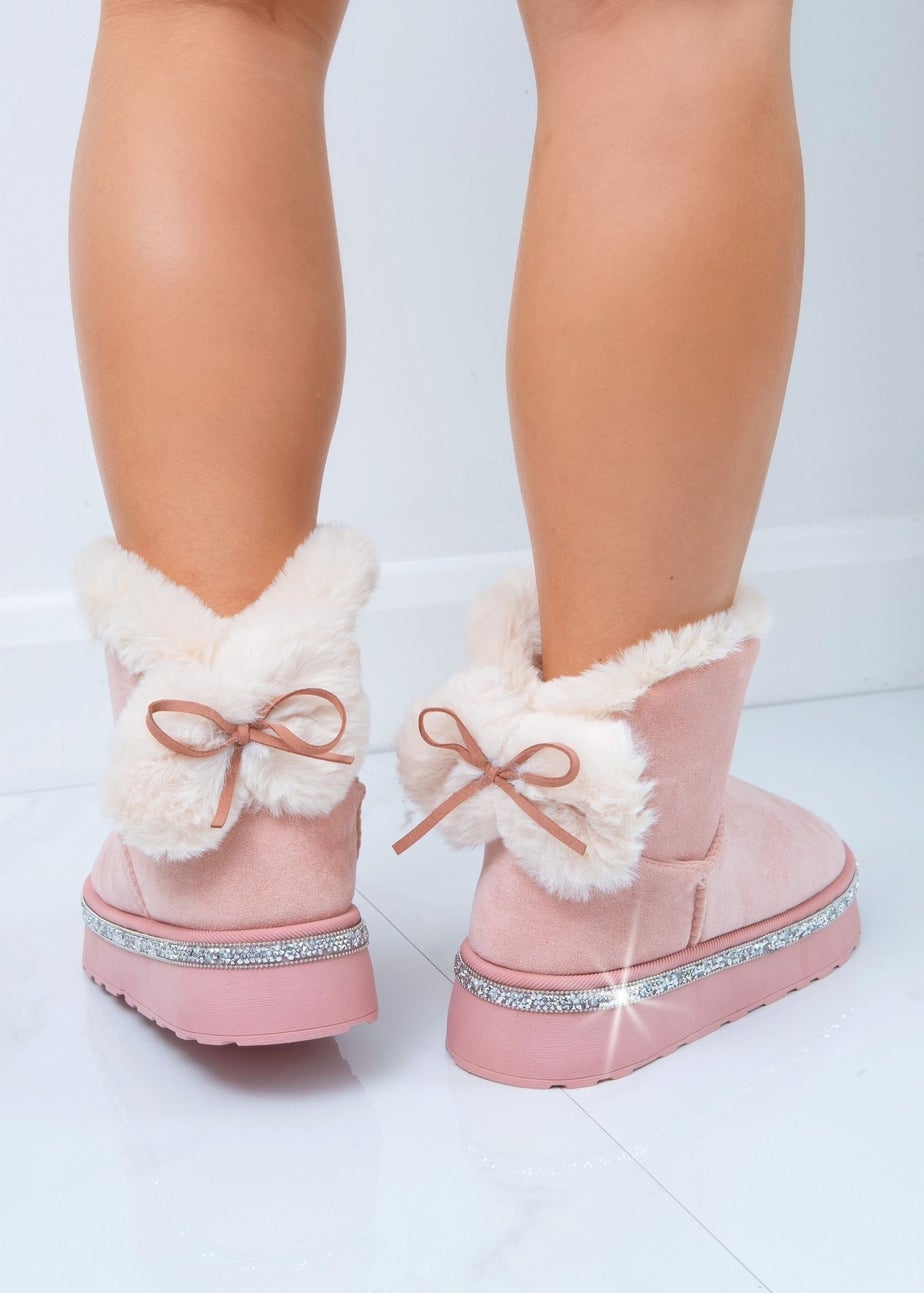 Love Lemonade Pink Crystal Faux Fur Bow Ankle Boots