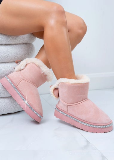 Love Lemonade Pink Crystal Faux Fur Bow Ankle Boots