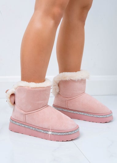 Love Lemonade Pink Crystal Faux Fur Bow Ankle Boots