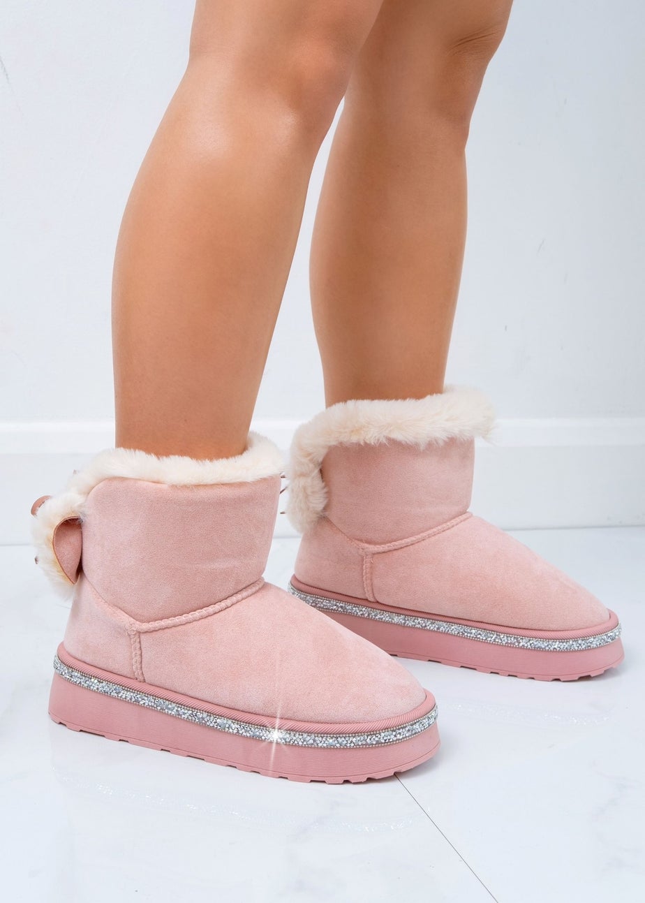 Love Lemonade Pink Crystal Faux Fur Bow Ankle Boots