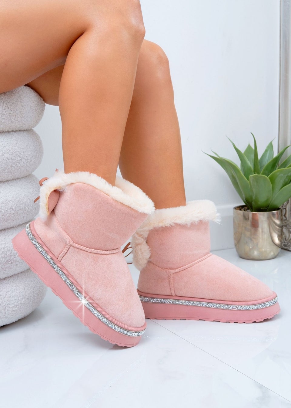 Love Lemonade Pink Crystal Faux Fur Bow Ankle Boots