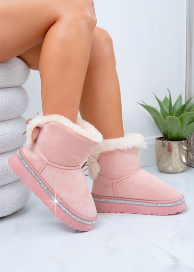 Love Lemonade Pink Crystal Faux Fur Bow Ankle Boots