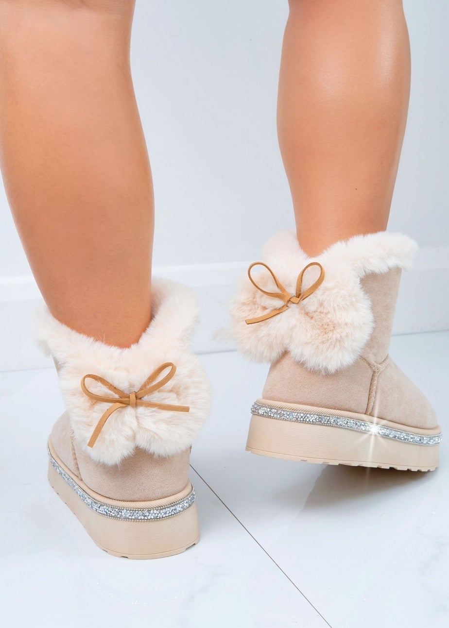 Love Lemonade Nude Crystal Faux Fur Bow Ankle Boots
