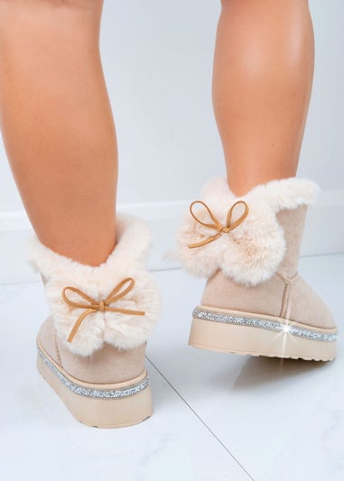 Love Lemonade Nude Crystal Faux Fur Bow Ankle Boots