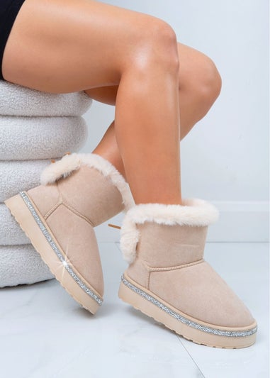 Love Lemonade Nude Crystal Faux Fur Bow Ankle Boots