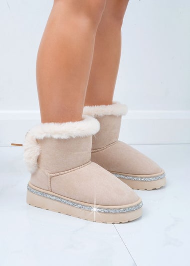 Love Lemonade Nude Crystal Faux Fur Bow Ankle Boots