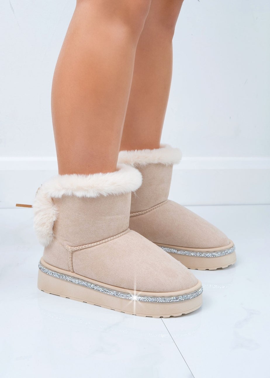 Love Lemonade Nude Crystal Faux Fur Bow Ankle Boots