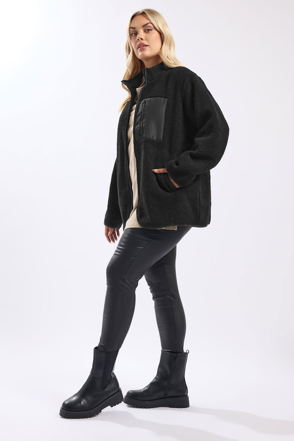 Yours Curve Black Pocket Teddy Fleece Jacket