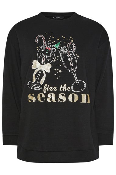Yours Curve Black 'Fizz The Season' Glitter Christmas Novelty Sweatshirt