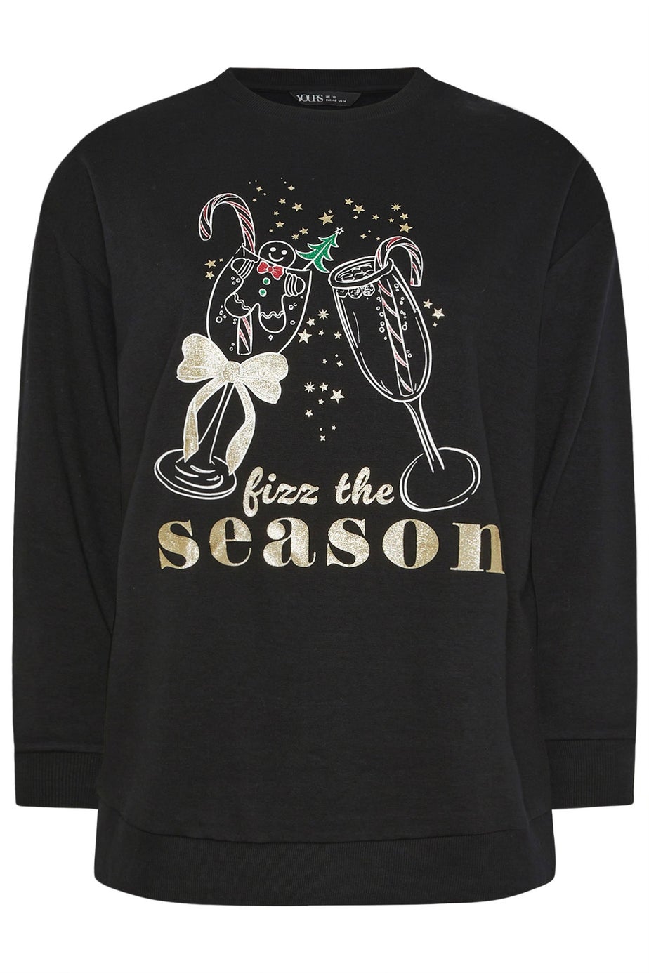 Yours Curve Black 'Fizz The Season' Glitter Christmas Novelty Sweatshirt