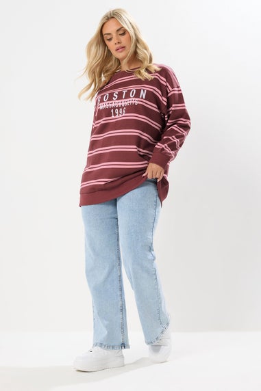 Yours Curve Red 'Boston' Slogan Stripe Sweatshirt