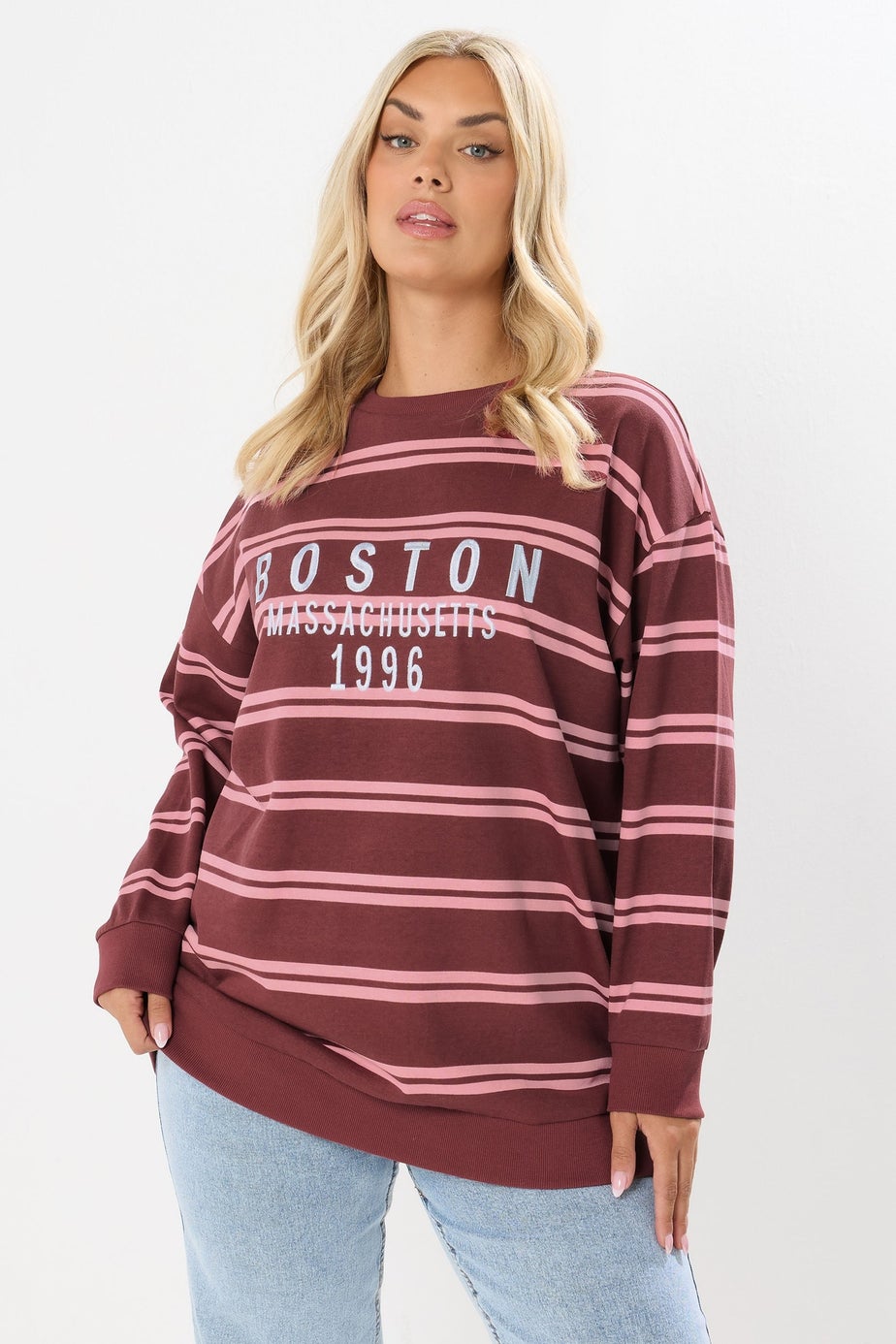 Yours Curve Red 'Boston' Slogan Stripe Sweatshirt