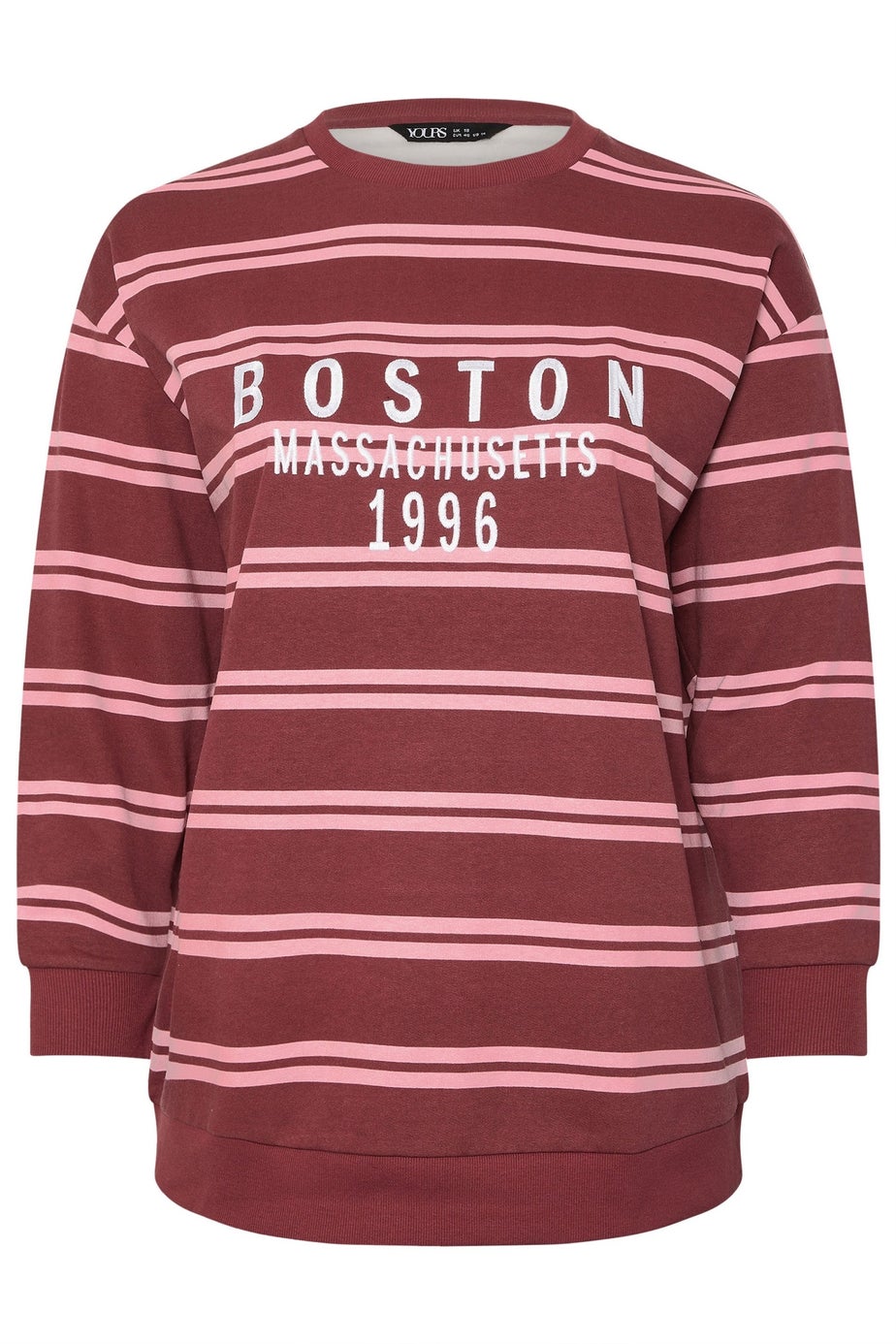 Yours Curve Red 'Boston' Slogan Stripe Sweatshirt