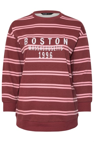 Yours Curve Red 'Boston' Slogan Stripe Sweatshirt