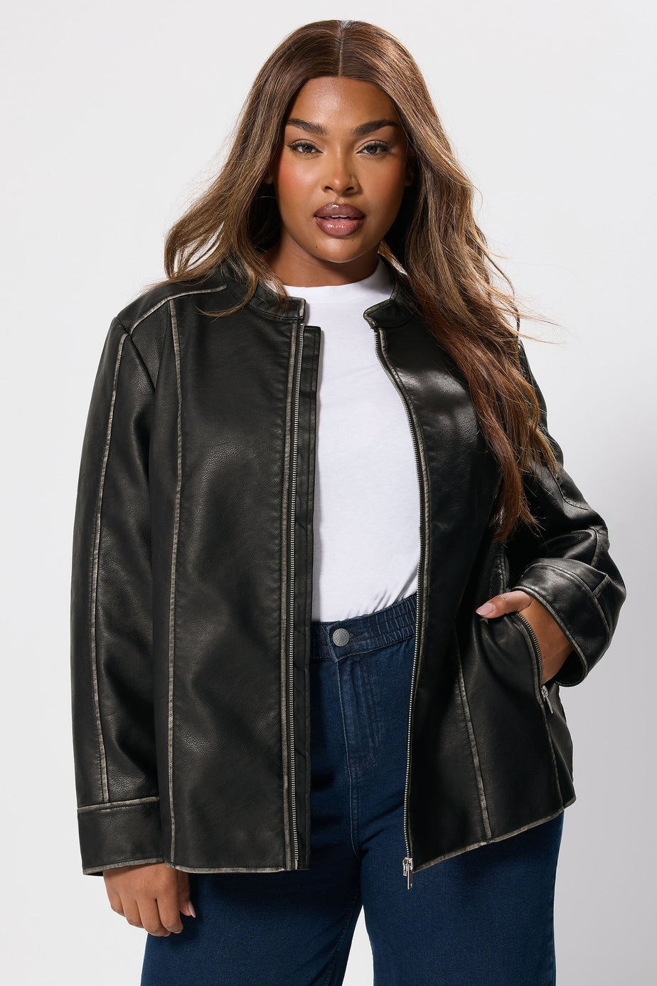 Yours Curve Grey Washed Faux Leather Jacket