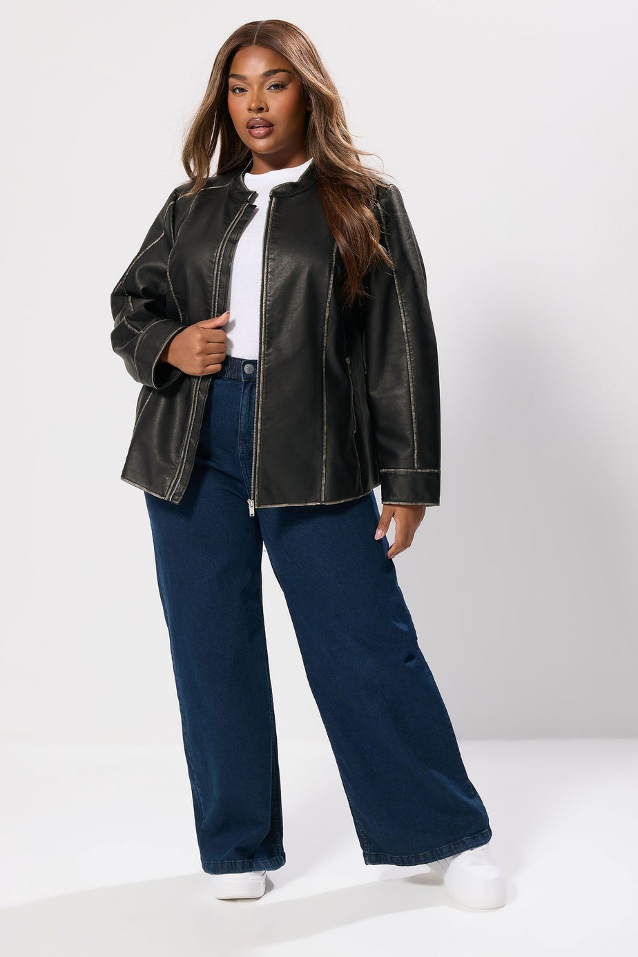 Yours Curve Grey Washed Faux Leather Jacket