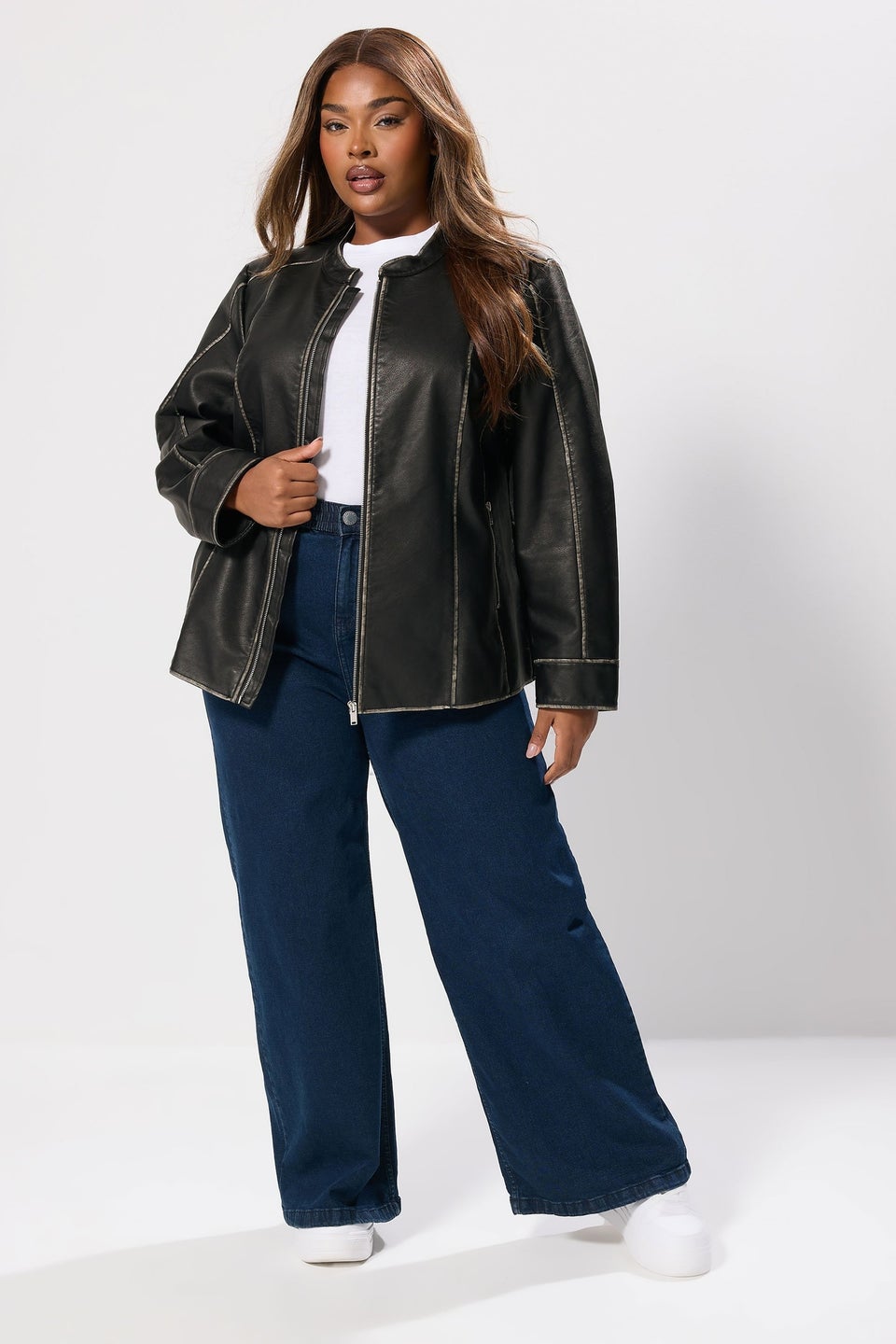 Yours Curve Grey Washed Faux Leather Jacket