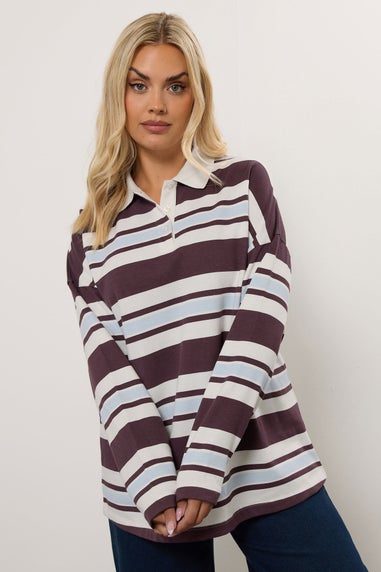 Yours Curve Ivory White & Red Stripe Rugby Collar Sweatshirt