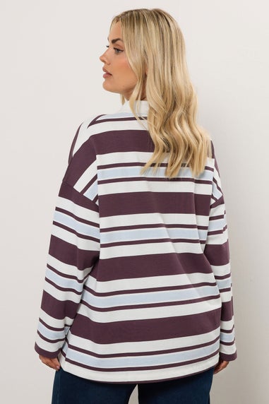 Yours Curve Ivory White & Red Stripe Rugby Collar Sweatshirt