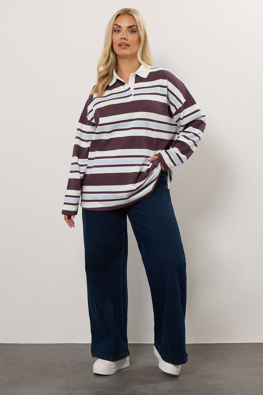 Yours Curve Ivory White & Red Stripe Rugby Collar Sweatshirt