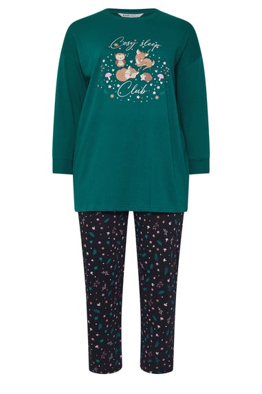 Yours Curve Green 'Cosy Sleep Club' Woodland Pyjama Gift Set