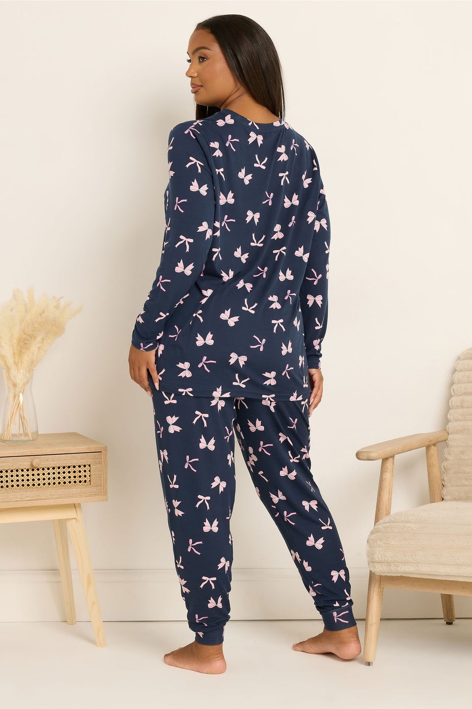 Yours Curve Navy Blue Bow Soft Touch Pyjama & Eye Mask Set