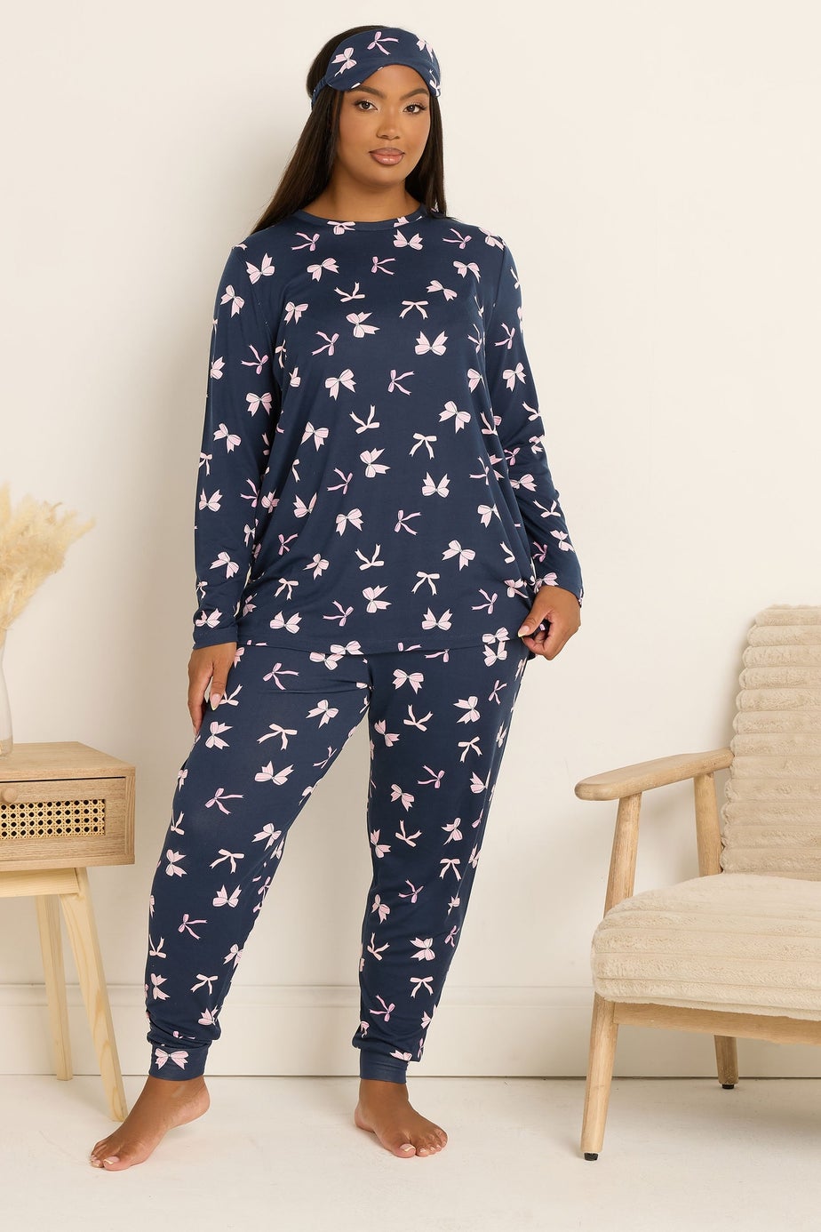 Yours Curve Navy Blue Bow Soft Touch Pyjama & Eye Mask Set