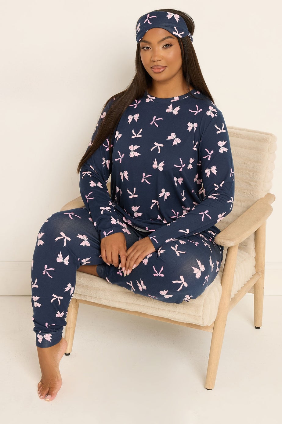 Yours Curve Navy Blue Bow Soft Touch Pyjama & Eye Mask Set