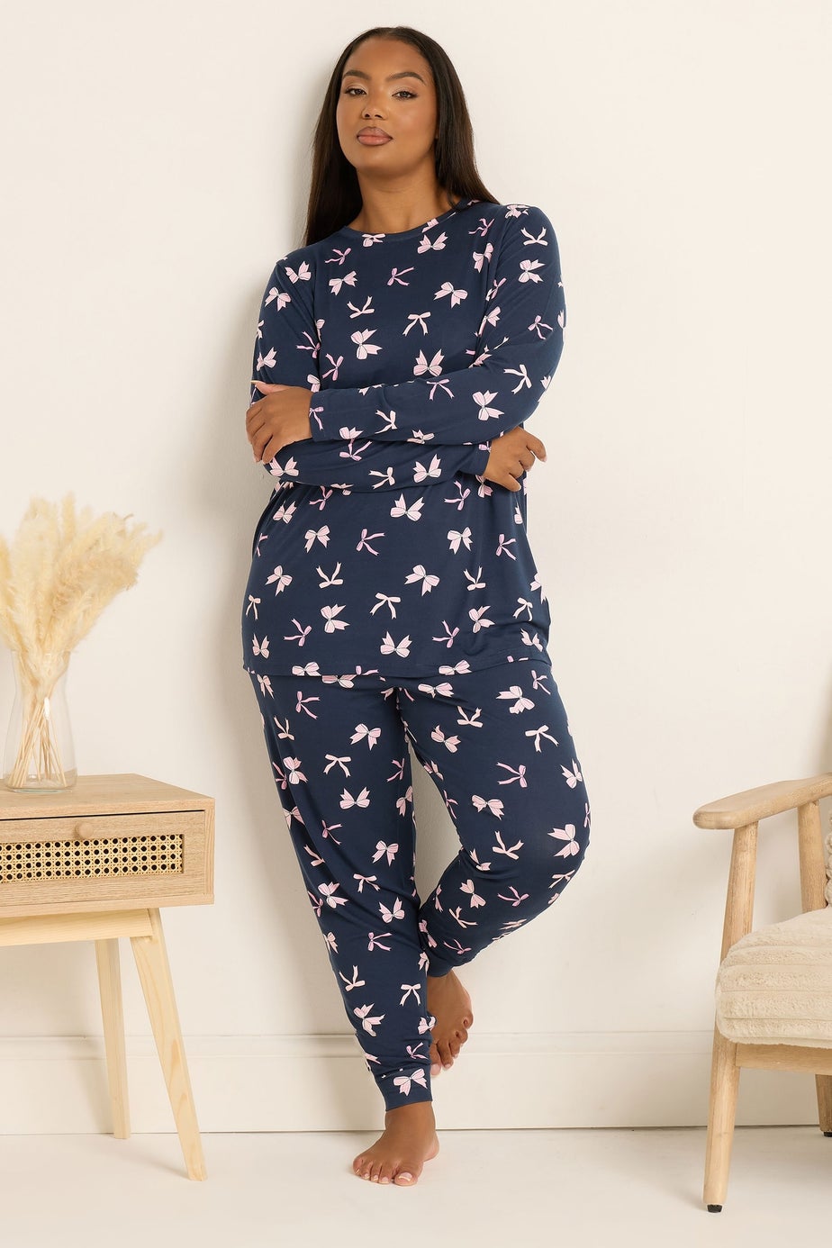 Yours Curve Navy Blue Bow Soft Touch Pyjama & Eye Mask Set