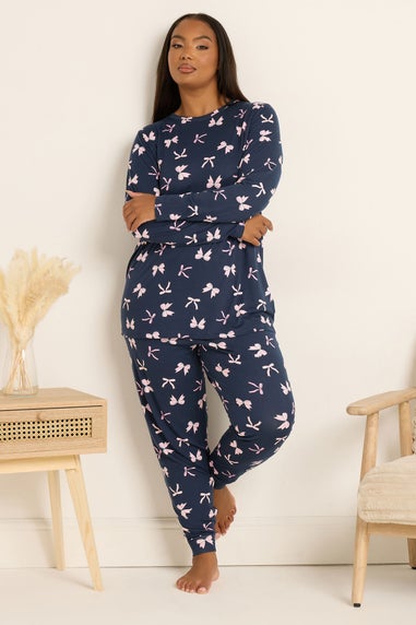 Yours Curve Navy Blue Bow Soft Touch Pyjama & Eye Mask Set