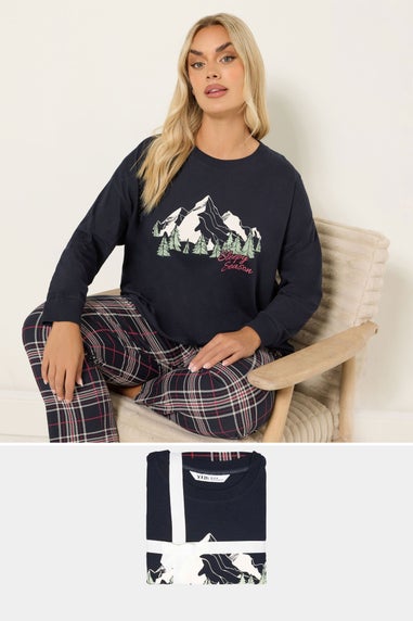 Yours Curve Blue 'Sleep Season' Check Pyjama Gift Set