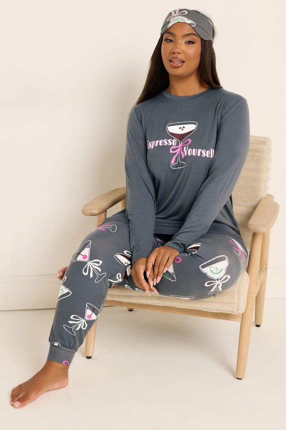 Yours Curve Grey 'Espresso Yourself' Soft Touch Pyjama & Eye Mask Set