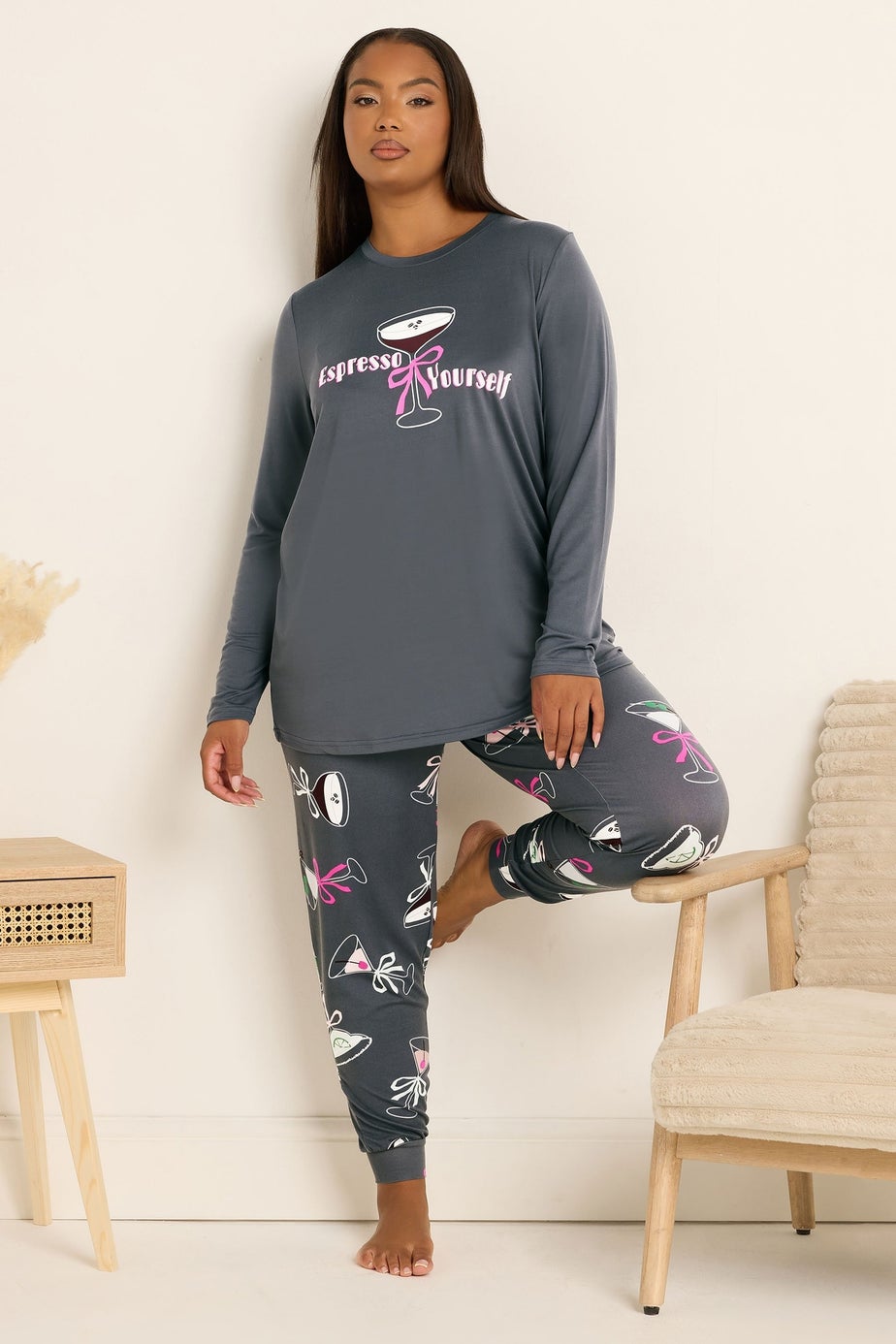 Yours Curve Grey 'Espresso Yourself' Soft Touch Pyjama & Eye Mask Set