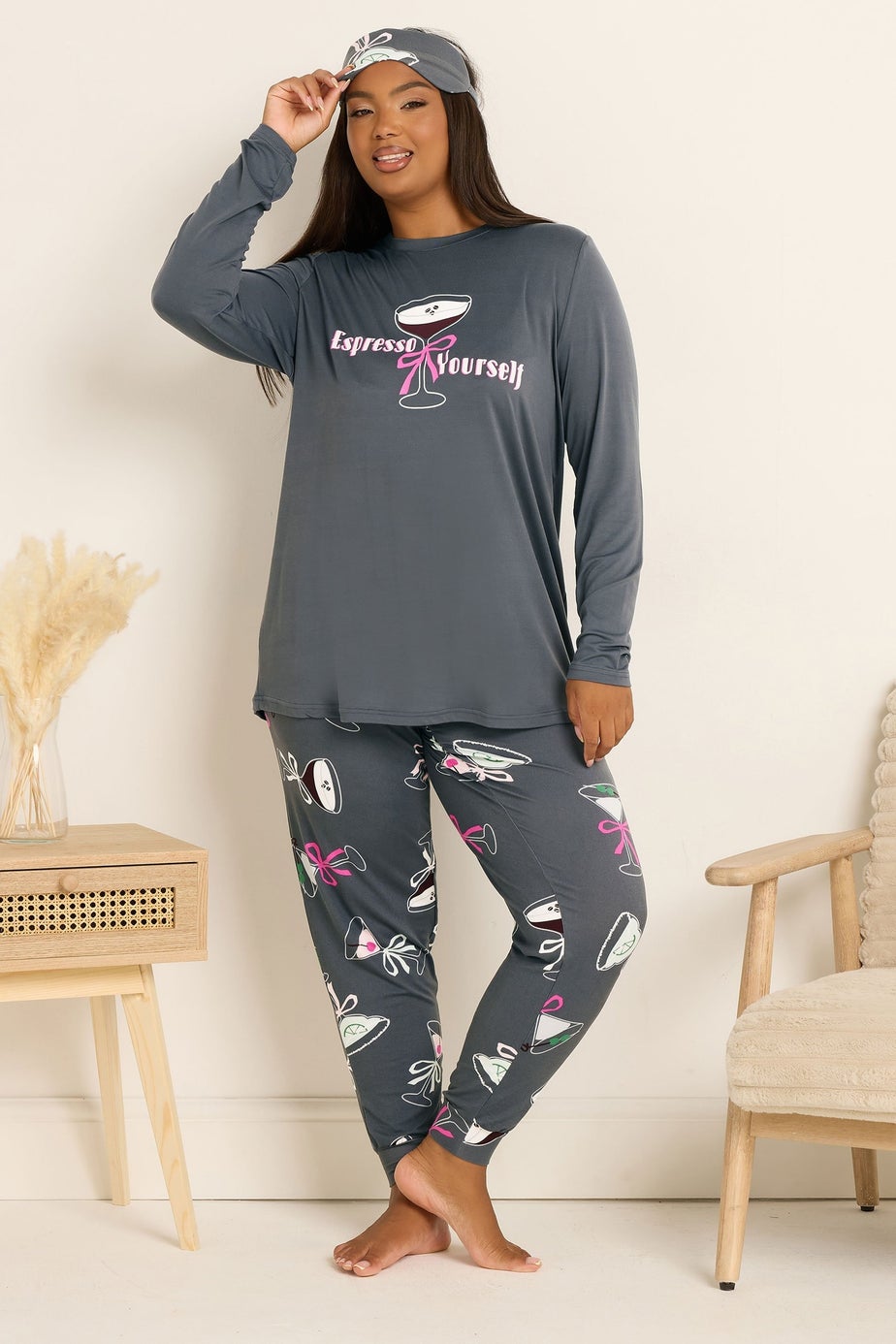 Yours Curve Grey 'Espresso Yourself' Soft Touch Pyjama & Eye Mask Set