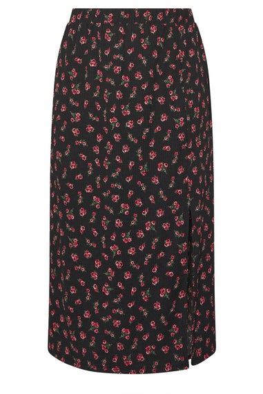 Yours Curve Black Rose Print Textured Midi Skirt