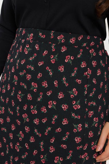 Yours Curve Black Rose Print Textured Midi Skirt