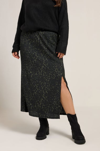 Yours Curve Khaki Green Leopard Print Textured Tube Skirt