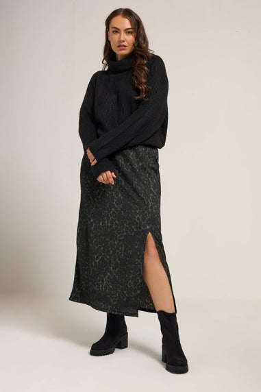 Yours Curve Khaki Green Leopard Print Textured Tube Skirt