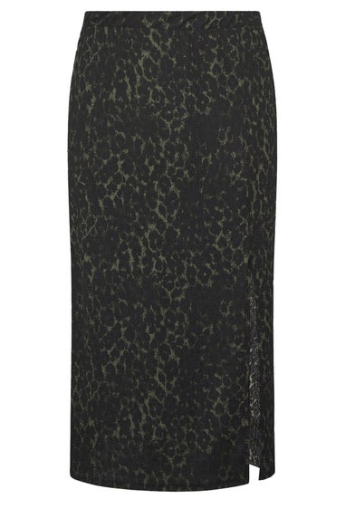 Yours Curve Khaki Green Leopard Print Textured Tube Skirt