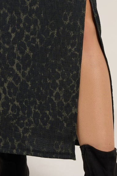 Yours Curve Khaki Green Leopard Print Textured Tube Skirt