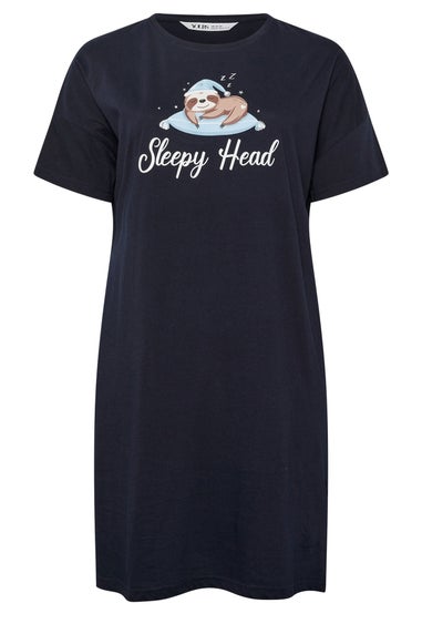 Yours Curve Navy Blue 'Sleepy Head' Sloth Sleep Tee Nightdress