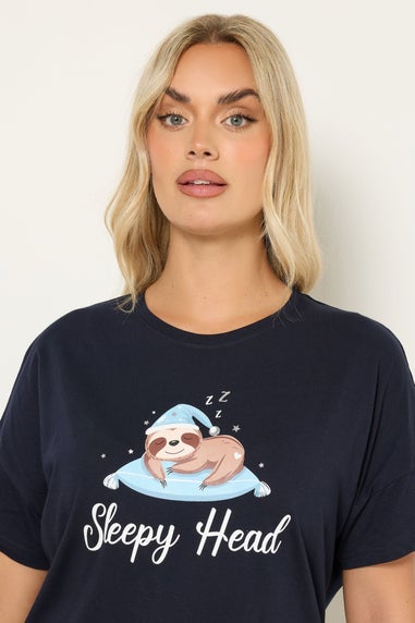 Yours Curve Navy Blue 'Sleepy Head' Sloth Sleep Tee Nightdress